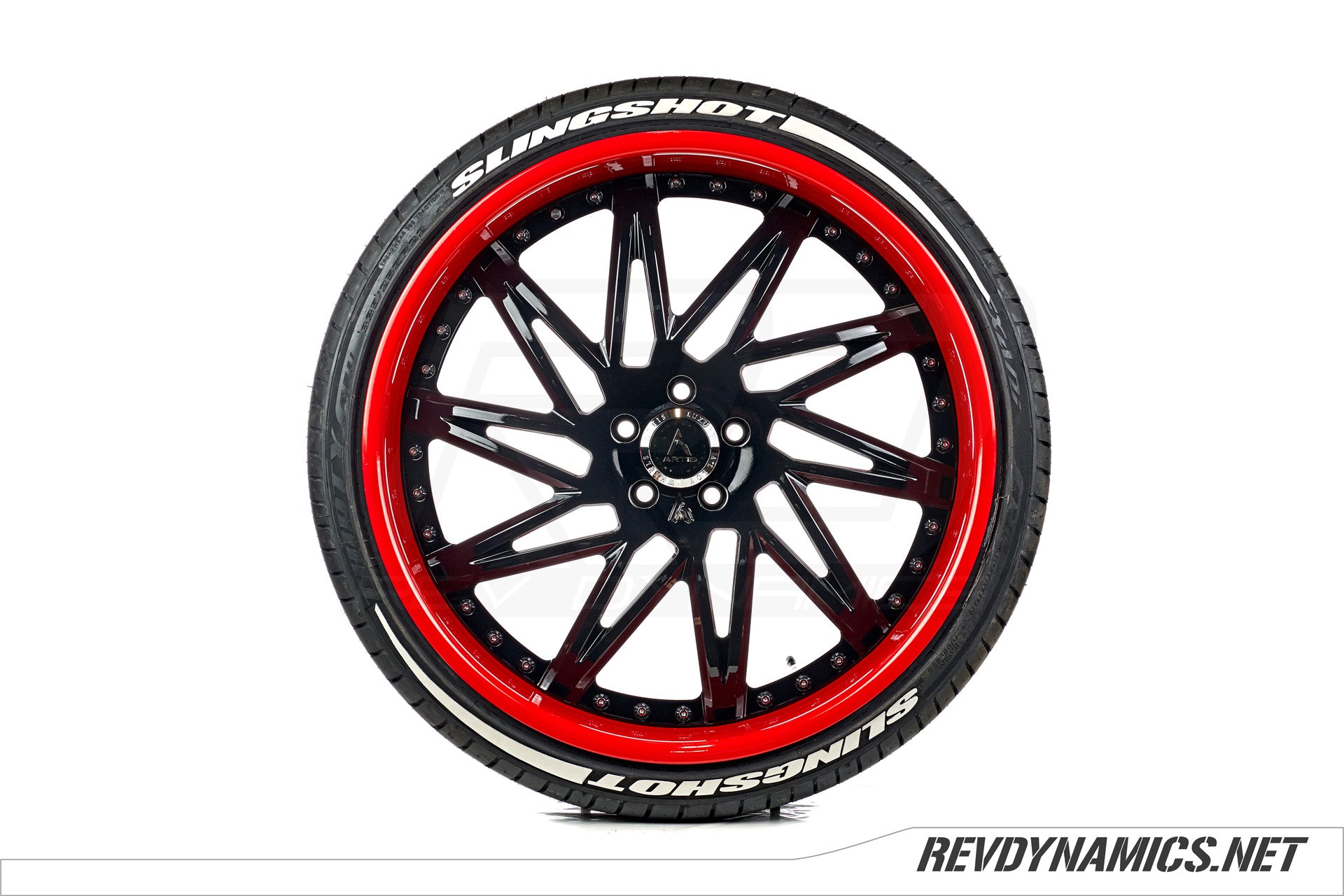 Polaris Slingshot Artis Forged Indy Red and Black custom wheel with tire lettering