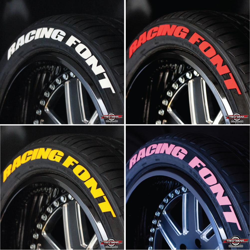 Raised white red yellow and pink tire lettering samples for polaris slingshot