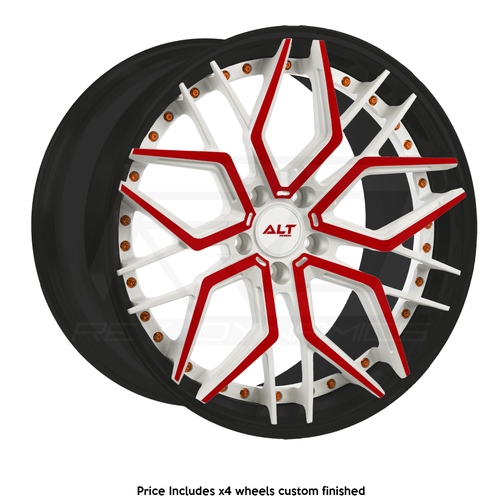 ALT Forged DL20 C8 Corvette Z06 20x10" Front 21x13" Rear Wheel and Tire Package black white and red