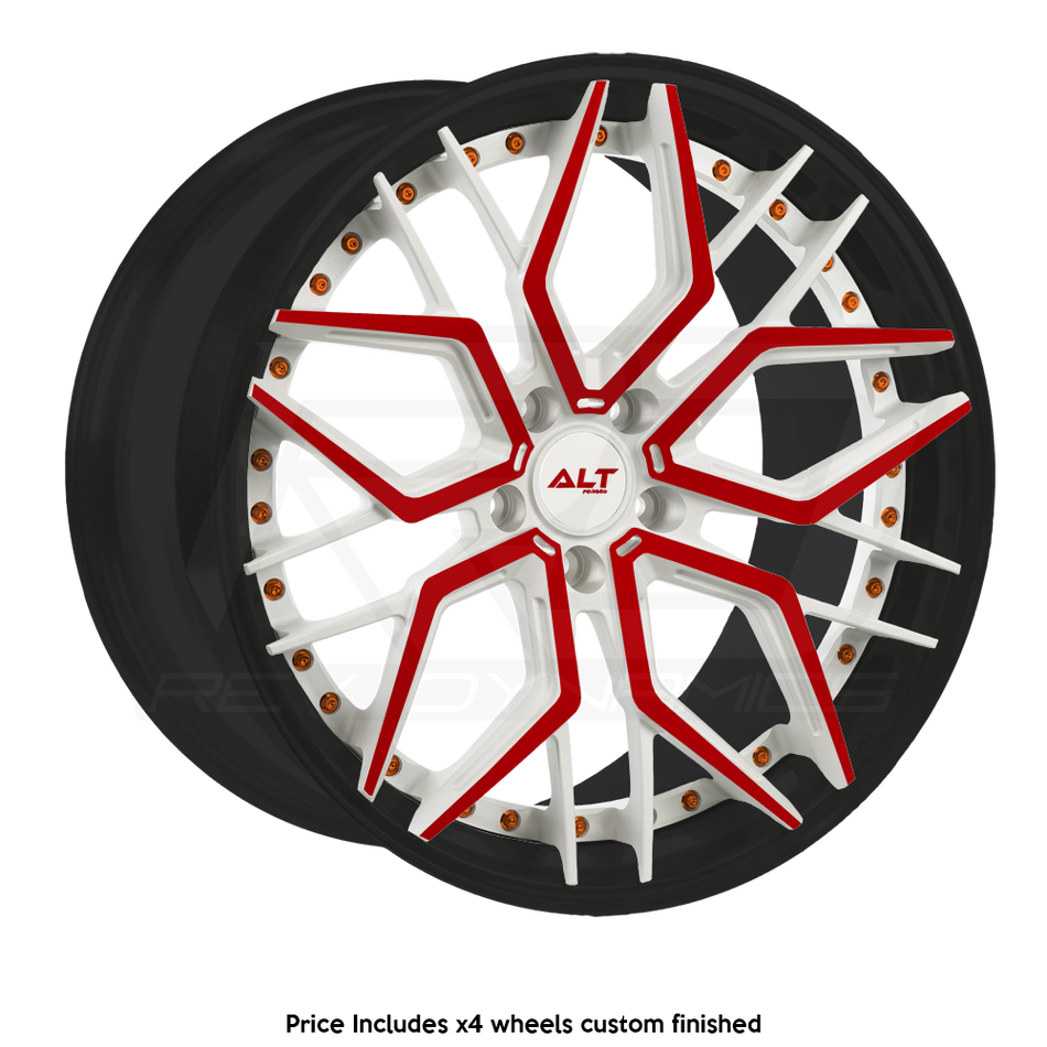 ALT Forged DL20 C8 Corvette Z06 20x10" Front 21x13" Rear Wheel and Tire Package black white and red