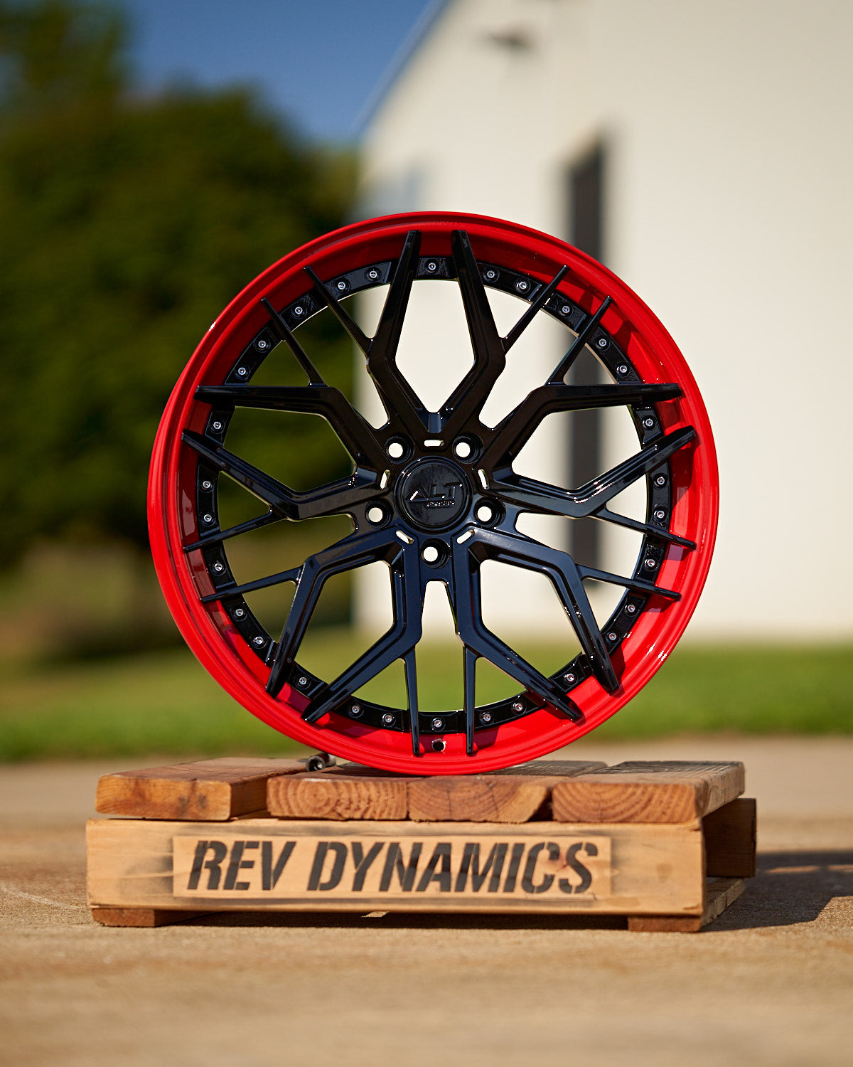 Corvette C8 ALT Forged 2pc Black and Torch Red Powder Coated Wheel by Rev Dynamics