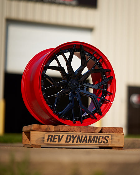Corvette C8 ALT Forged 2pc Black and Torch Red Powder Coated Wheel by Rev Dynamics