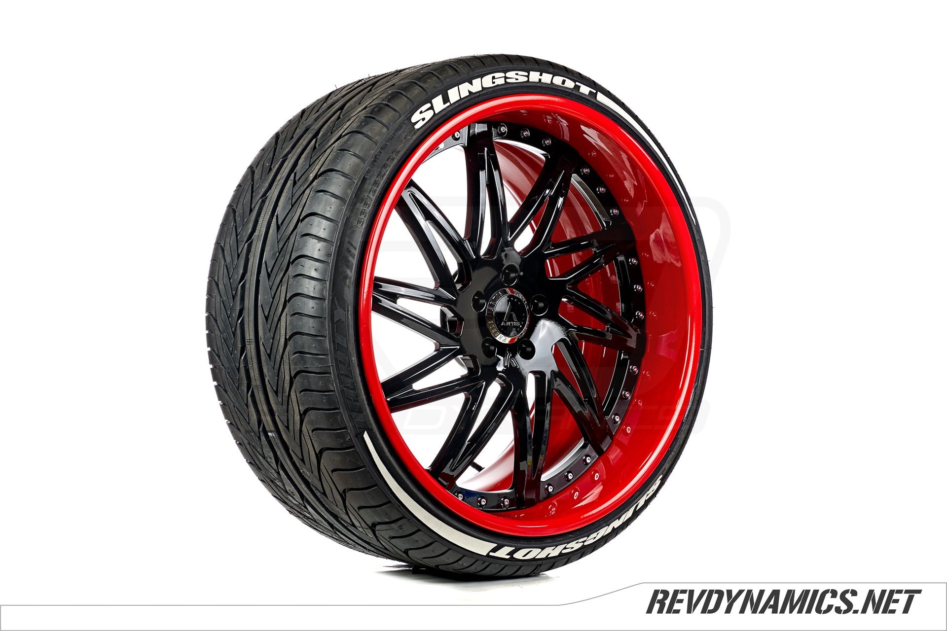 Polaris Slingshot Artis Forged Indy Red and Black custom wheel with tire lettering