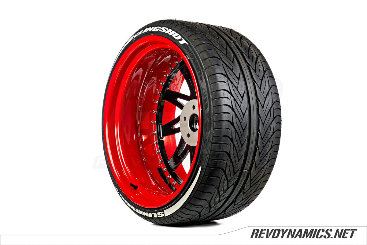 Polaris Slingshot Artis Forged Indy Red and Black custom rims with tire lettering 