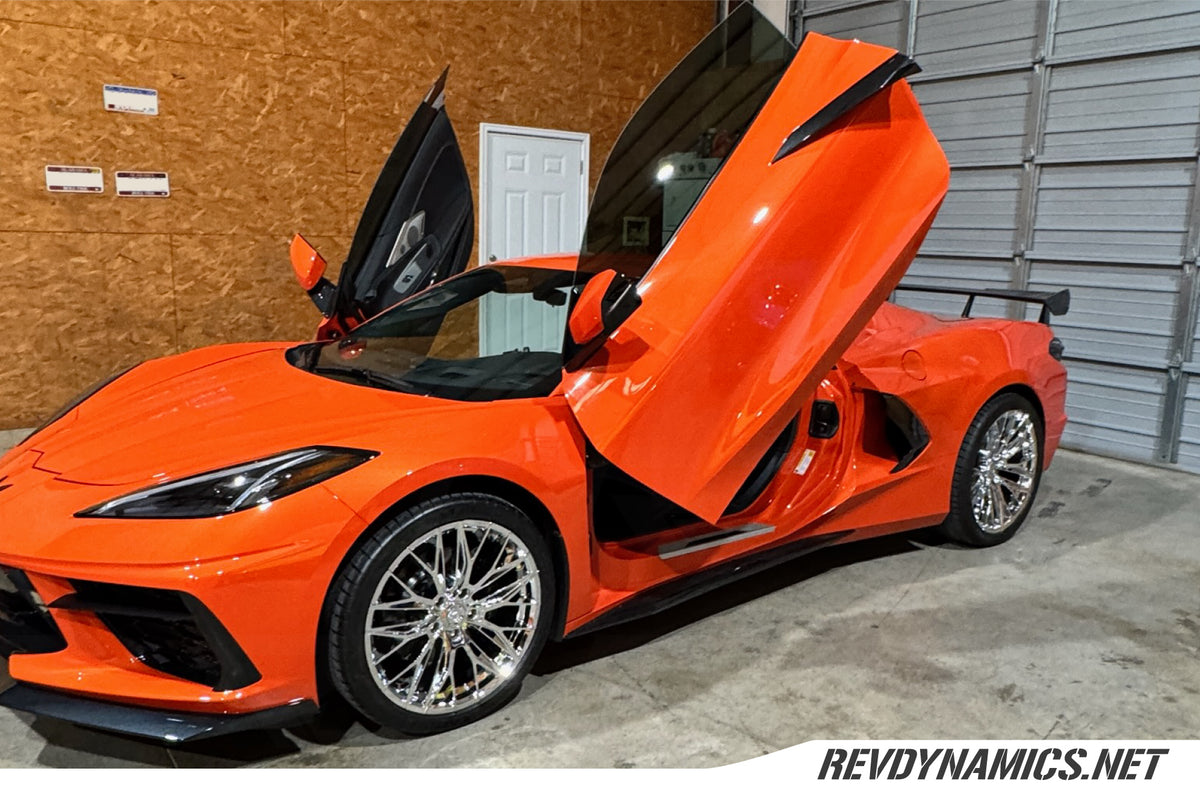 Corvette C8 with Chrome Lexani Aries 19in front and 20in rear wheels Amplify Orange