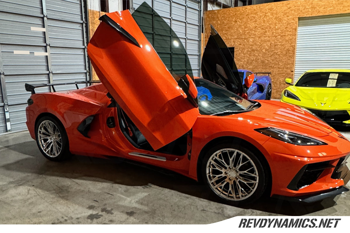 Corvette C8 with Chrome Lexani Aries 19in front and 20in rear wheels Amplify Orange