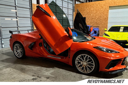 Corvette C8 with Chrome Lexani Aries 19in front and 20in rear wheels Amplify Orange