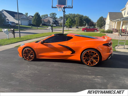 Color matched C8 Corvette wheels amplify orange and carbo black