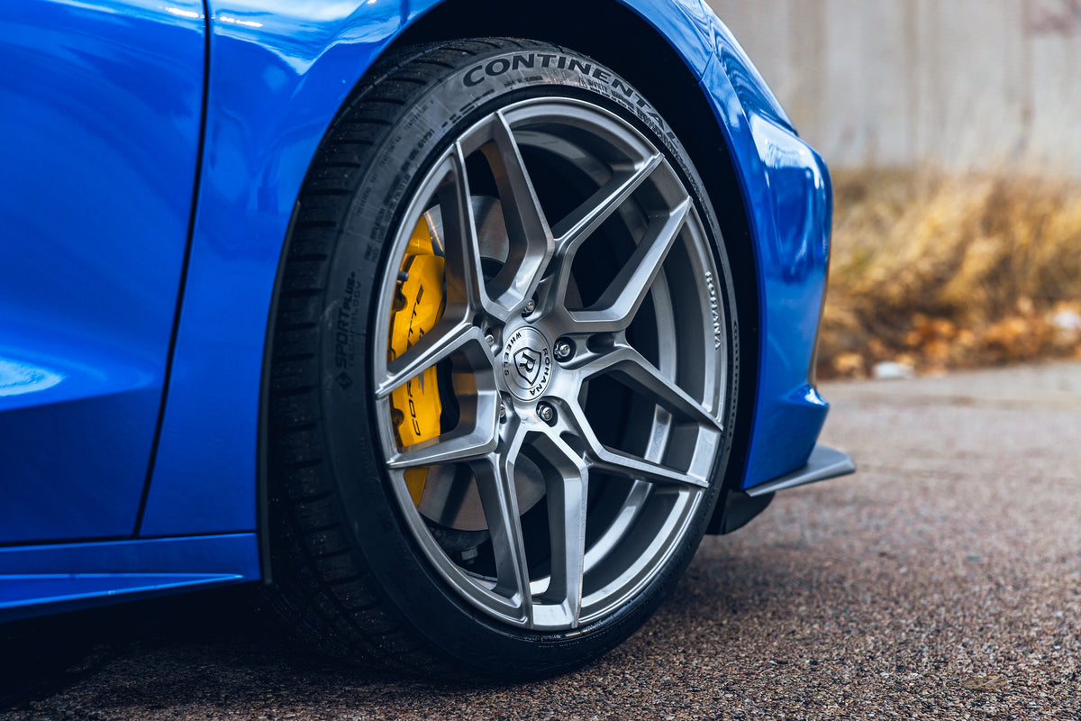 Corvette C8 Blue with Rohana RFX11 Brushed Titanium Wheels 19 front rims
