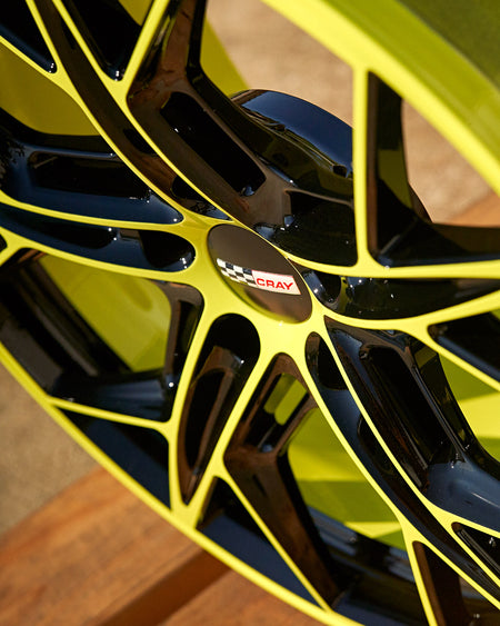 Corvette C8 Z51 Stingray Cray Hammerhead Accelerate Yellow and Black Wheel and tire package