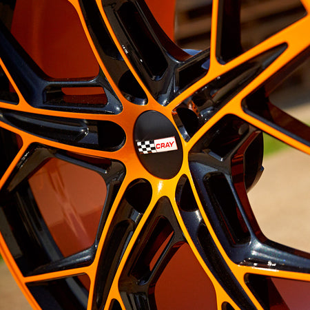 Corvette C8 Cray Hammerhead Wheel Powder coated in amplified orange and carbon flash black