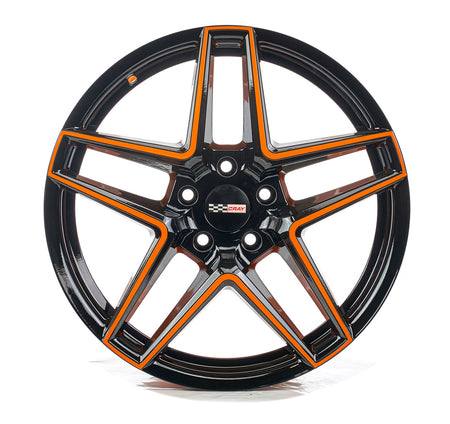 Corvette C8 Cray Panthera Rim in Amplified orange and black custom powder coat color match