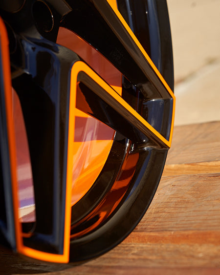 Corvette C8 Cray Panthera Rim in Amplified orange and black custom powder coat color match