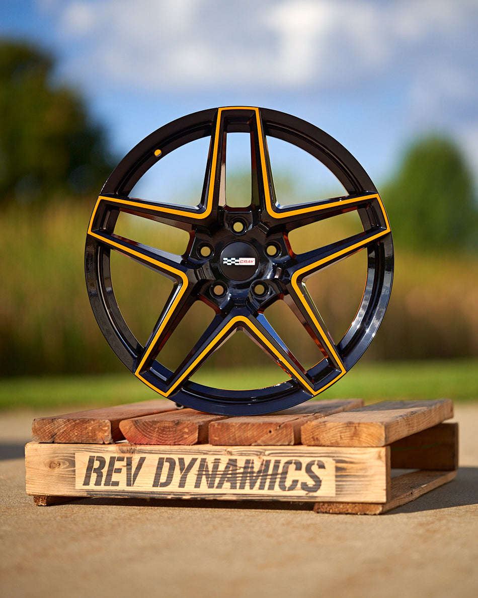 Corvette C8 Cray Panthera Rim in Amplified orange and black custom powder coat color match