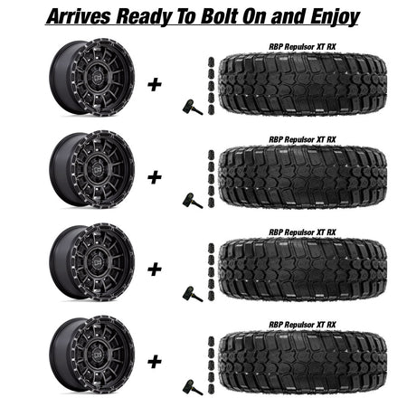 Jeep Gladiator Black Rhino Legion Matte Black Gray Tint 20in wheel and RBP Repulsor MT RX tire package