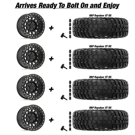 Jeep Gladiator Black Rhino Primm Matte Black w/ Brass Bolts 20in wheel and RBP Repulsor X/T RX tire package