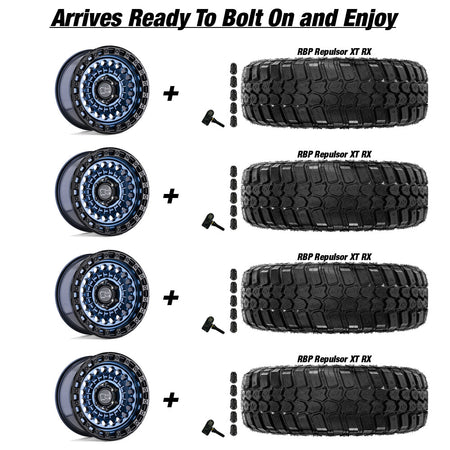 Jeep Gladiator Black Rhino Sentinel Cobalt Blue w/Black Ring 20in wheel and RBP Repulsor X/T RX tire package