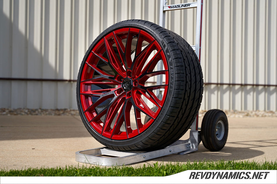 Custom Lexani Aries wheels for a Corvette C8 color matched in Red Mist and Black two tone
