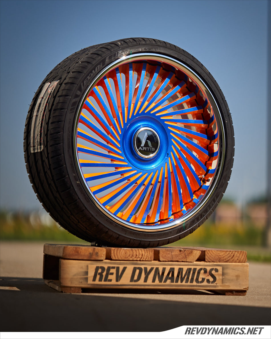 Polaris Slingshot Artis Juicy 20x10" Rim Powdercoated Stealth Blue and Sunrise Orange colors 
