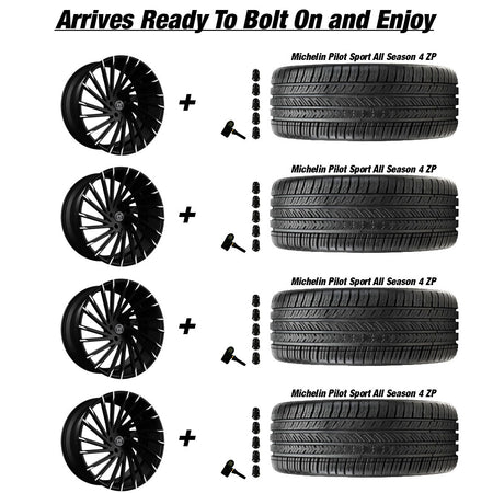 Tesla Model 3 Lexani Wraith Gloss Black wMachined Tips 20in wheel and Michelin Pilot Sport All Season 4 tire package