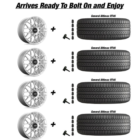 Tesla Model 3 Rotiform BLQ Gloss Silver 19 wheel and General Altimax RT45 tire package