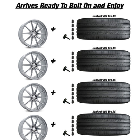 Tesla Model 3 Vossen HFX-2 Silver Polished 20in wheel and Hankook iON Evo AS tire package
